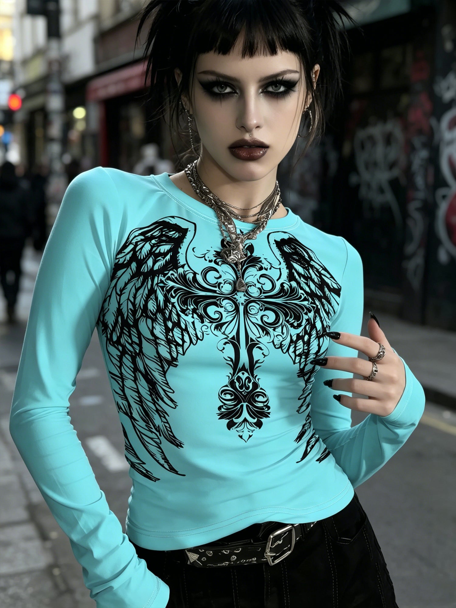 Dark Gothic Round-Neck Winged Retro Long-Sleeve Tee