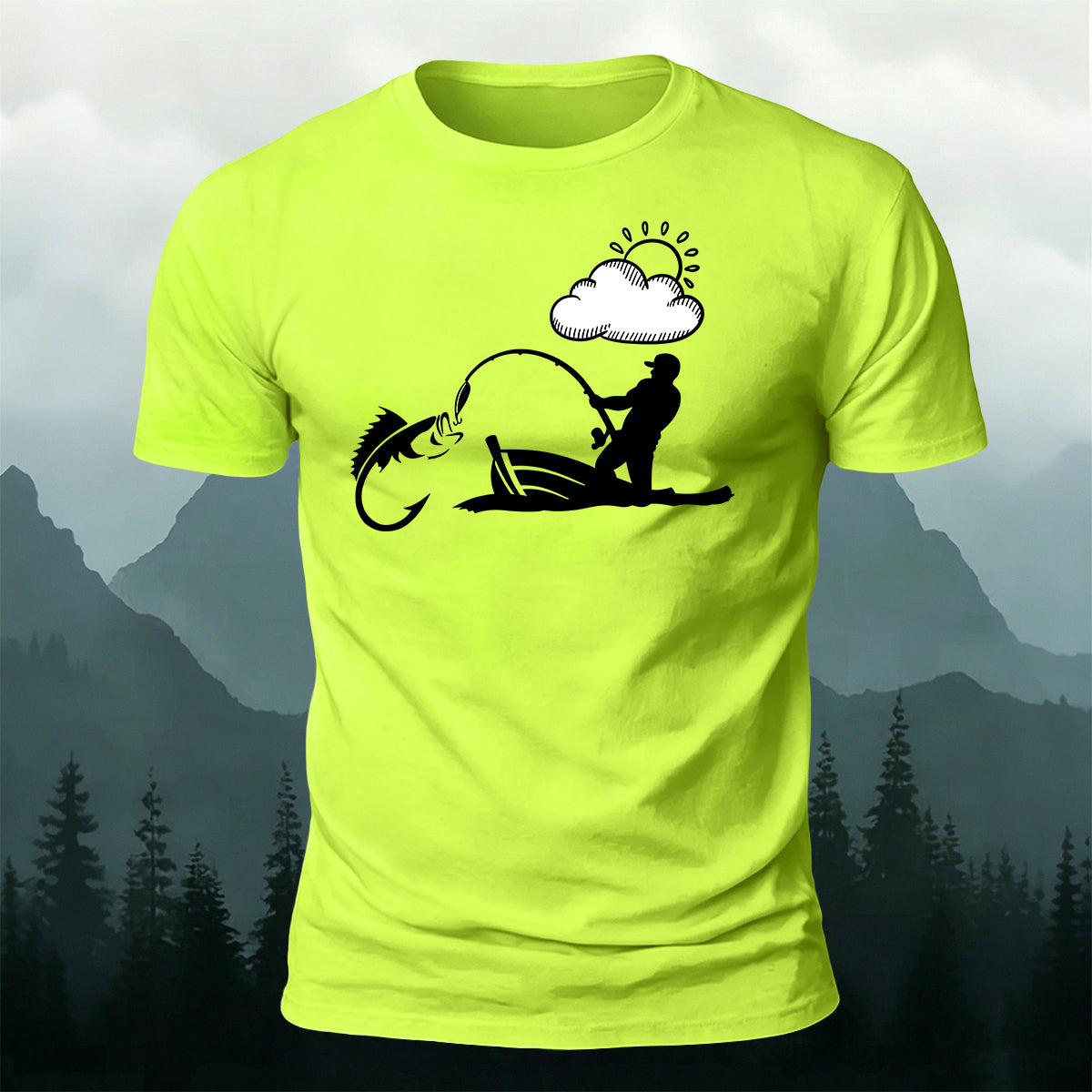 Outdoor Fishing Silhouette Print  Round-Neck Cotton T-Shirt