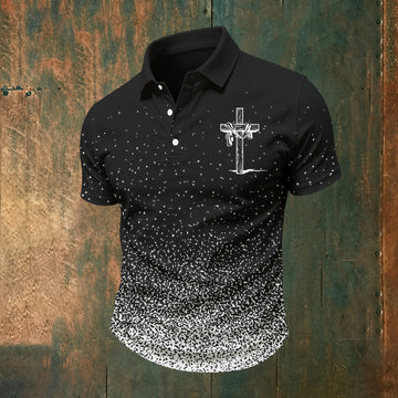Black and White Gradient Dot Ink Style Cross Polo Shirt