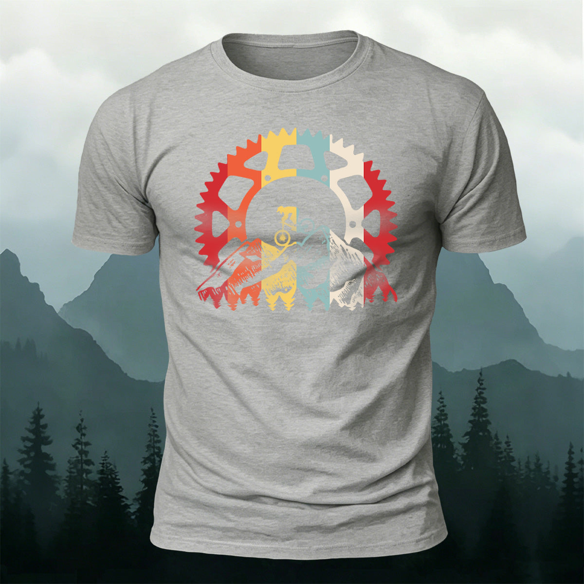 Colorful Bicycle Gear Print Combed Cotton T-Shirt