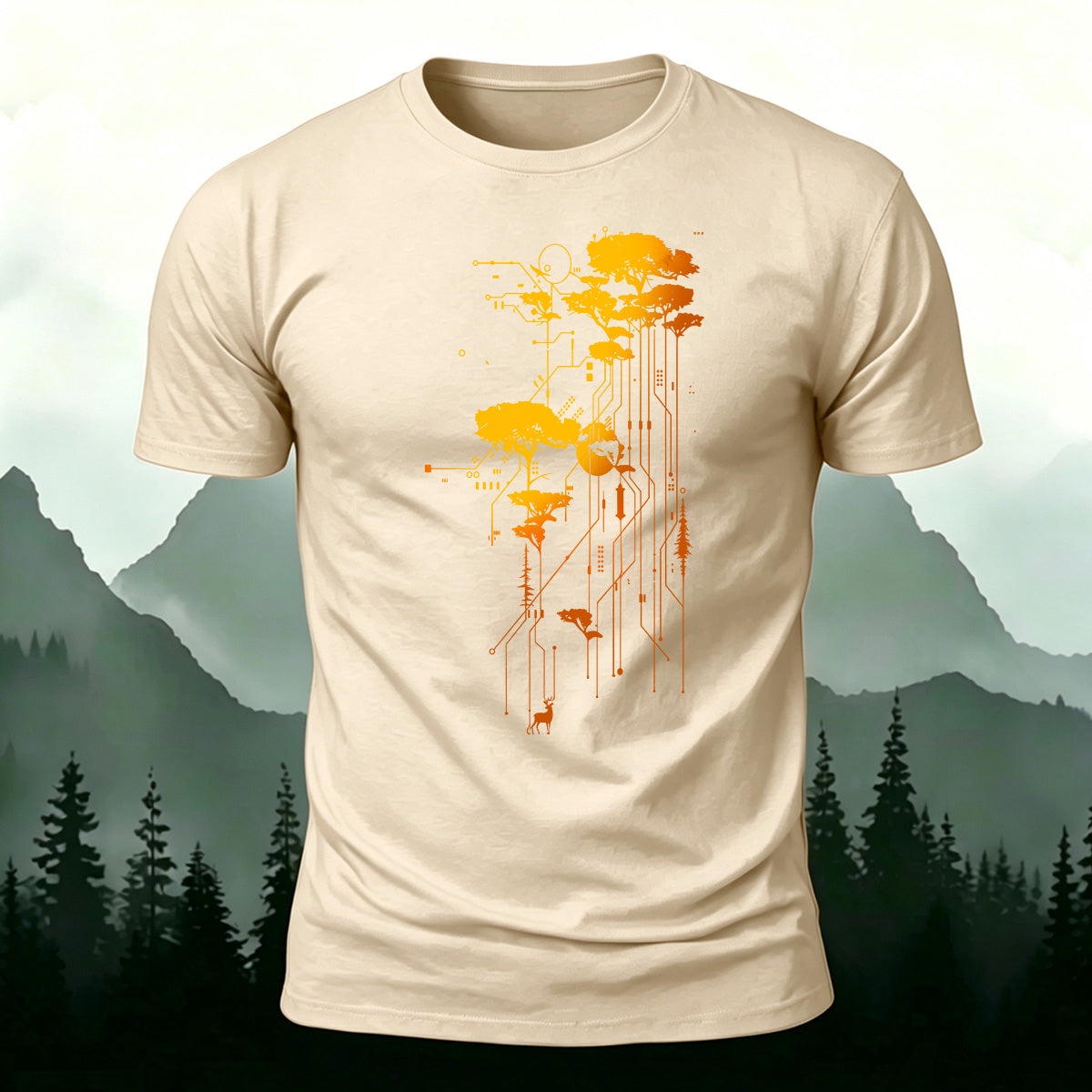 Artistic Trees Pattern Breathable Material Casual T-Shirt Beige