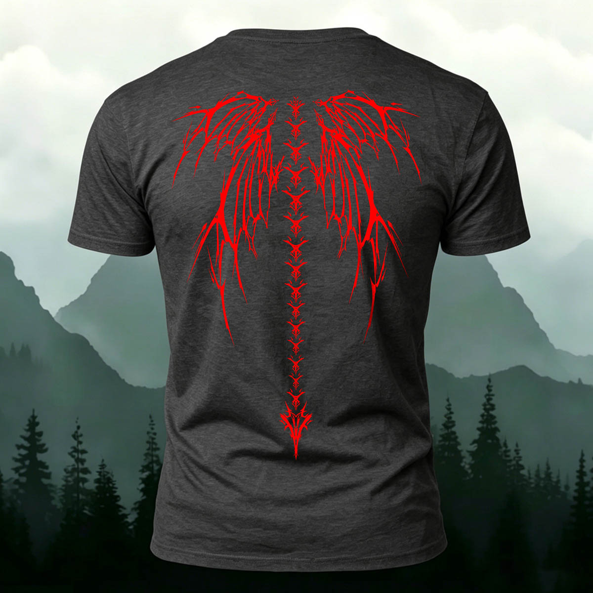 Dark-Style Devil Wings Spine Print Casual Cotton T-Shirt