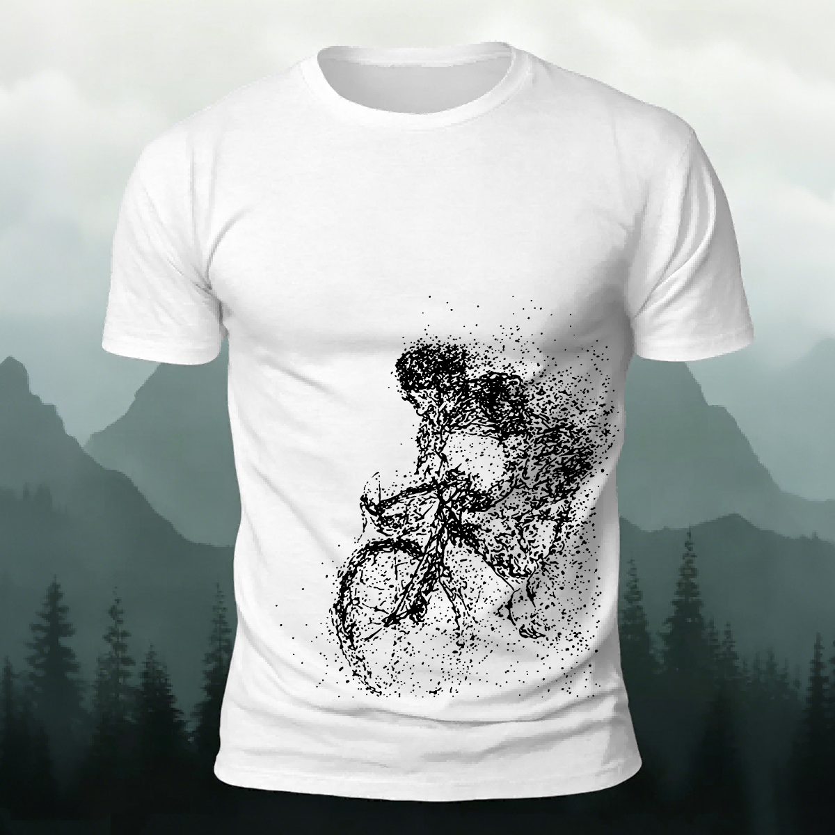 Cycling Pattern Mountain-Style Cotton Casual T-Shirt White