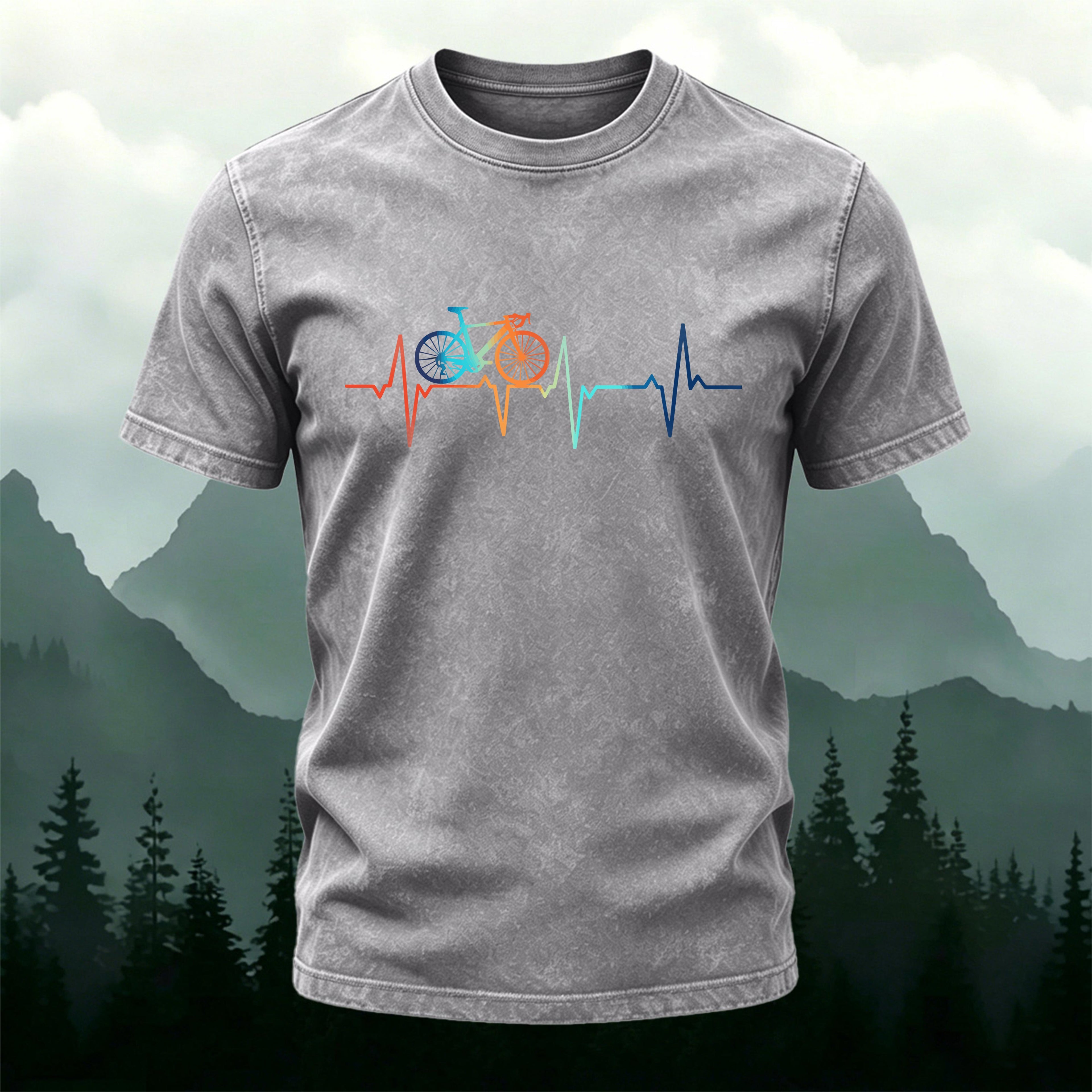 Cycling-themed Colorful ECG Wave Print Washed Cotton T-Shirt