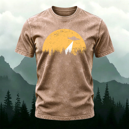 Washed Cotton Outdoor Spaceship Pattern Casual Tee
