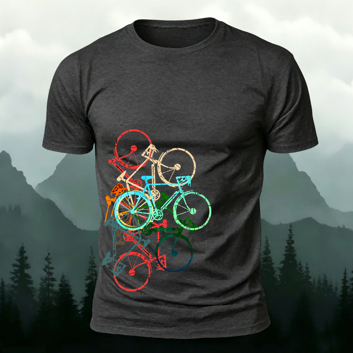 Colorful Bicycle Printed Soft-touch Feel Casual T-Shirt