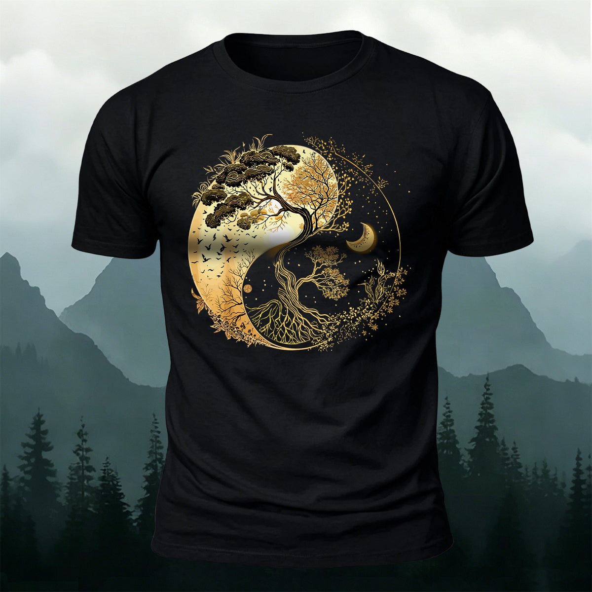 Yin-Yang Tai Chi Tree Design Casual Cotton T-Shirt Black
