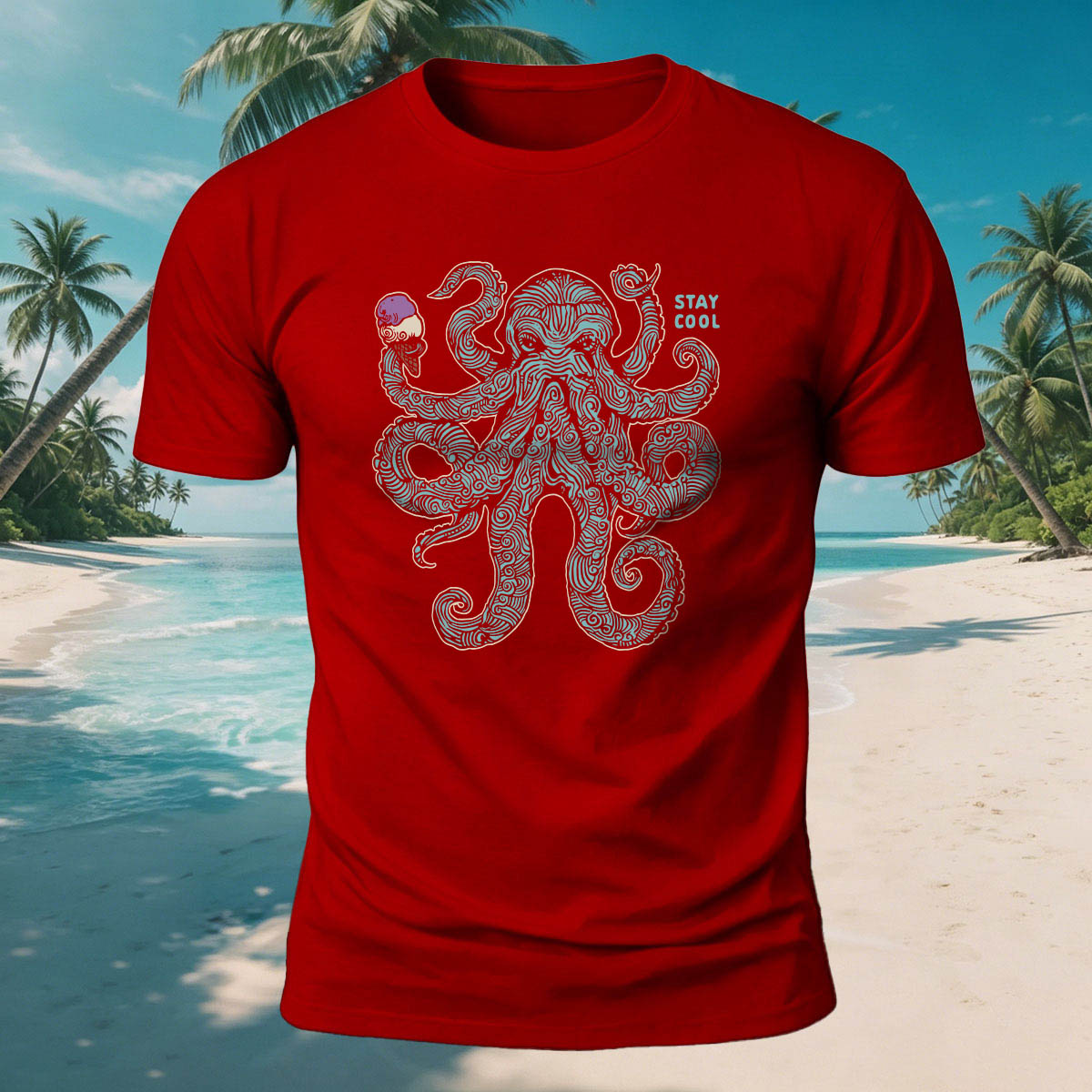 Octopus Eating Ice Cream Print Versatile Breathable Cotton Tee