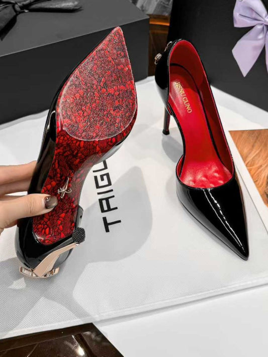 Black Metal Buckle Stiletto-Heeled Pointed-Toe Pumps