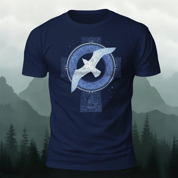 Viking Flying Crow Totem Printed Short Sleeve T-Shirt