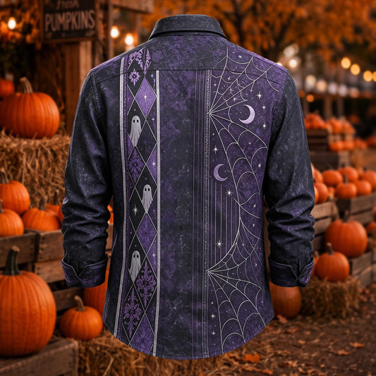 Halloween Ghost & Crescent Moon Cobweb Print Casual Shirt