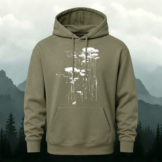 Cotton-Blend Tech Forest Circuit Print Versatile Hoodie