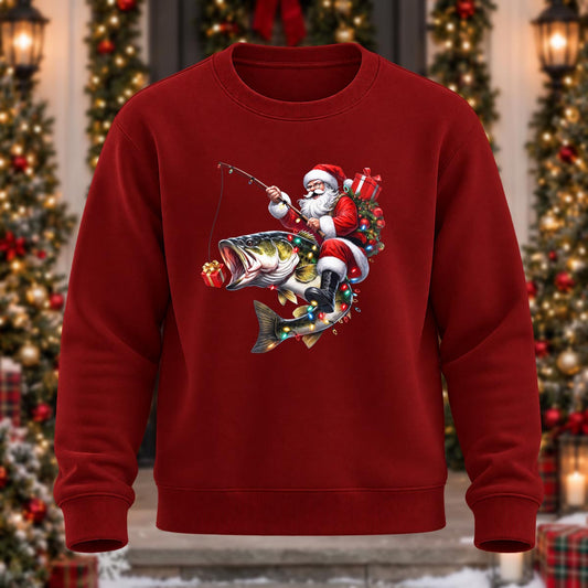 Fishing Santa Printed Round Neck Sweatshirt