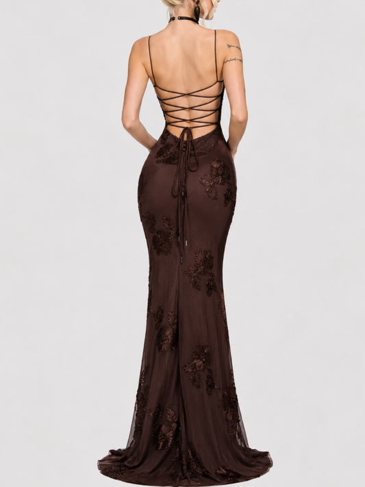 Intricate 3D Floral Embroidery Long Backless Cross-Strap Dress