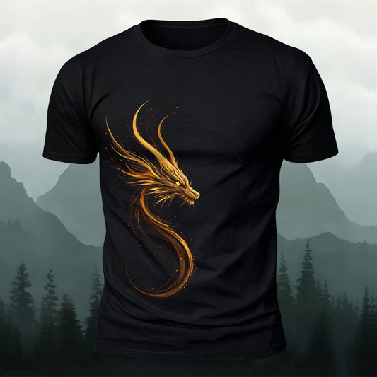 DTG Golden Curved Dragon Printed Short Sleeve T-Shirt