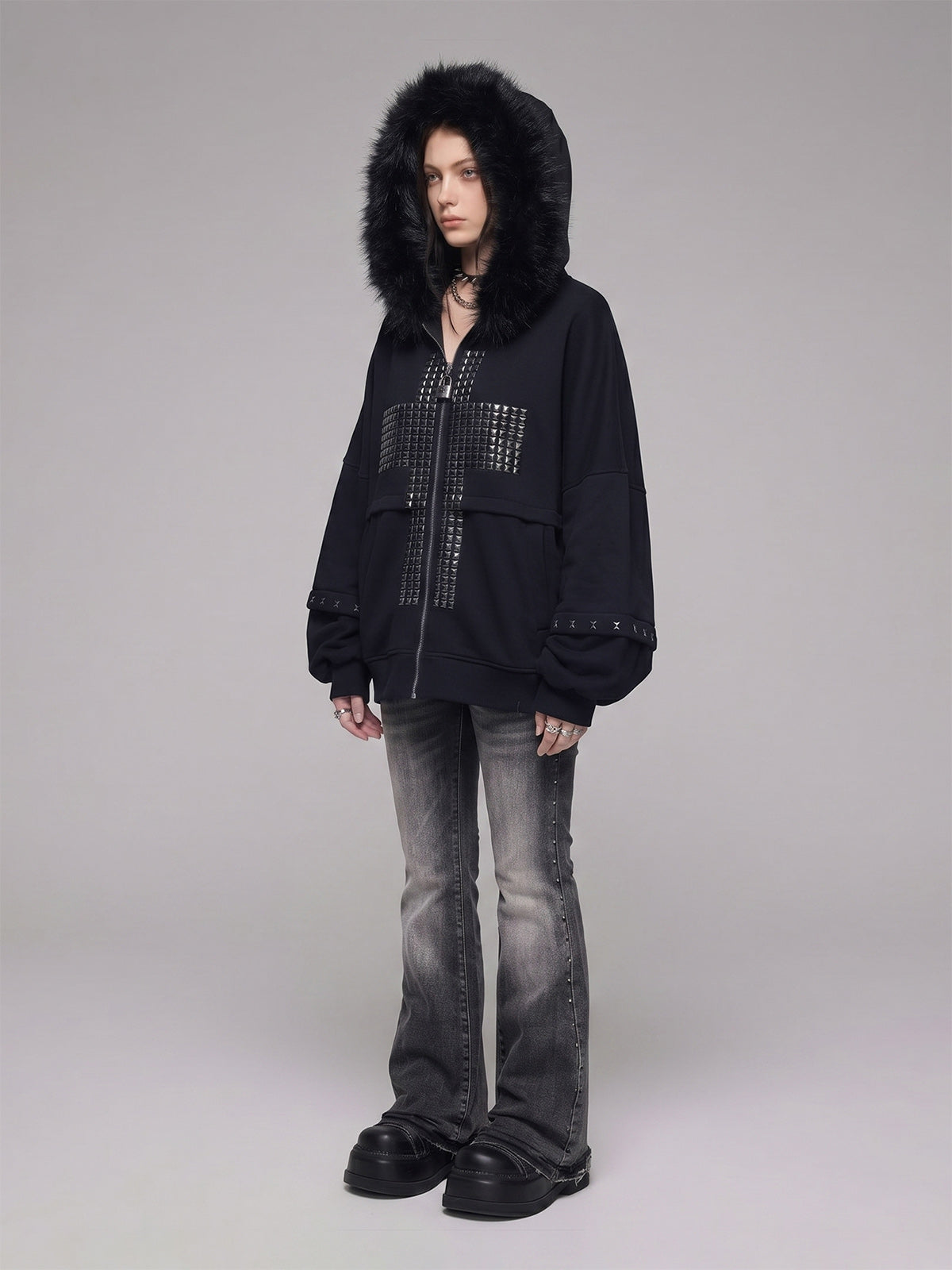 Metallic Zipper Fashion Hooded Sweatshirt Outerwear