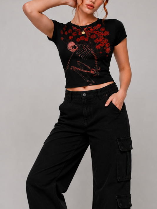Dark Romantic Skeleton Red Daisy Fitted Cropped Gothic Top
