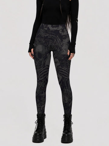 Gothic Dark-Themed Printed Polyester Leggings