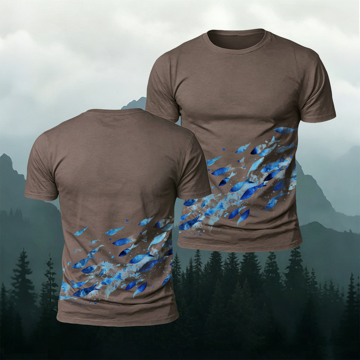 Blue Sardine Print Casual Cotton T-Shirt