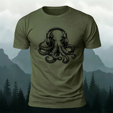 DTG Headphones Octopus Print Casual T‑Shirt