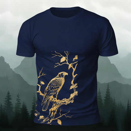 Soft Cotton Golden Hawk on Branch Vintage Casual T‑Shirt