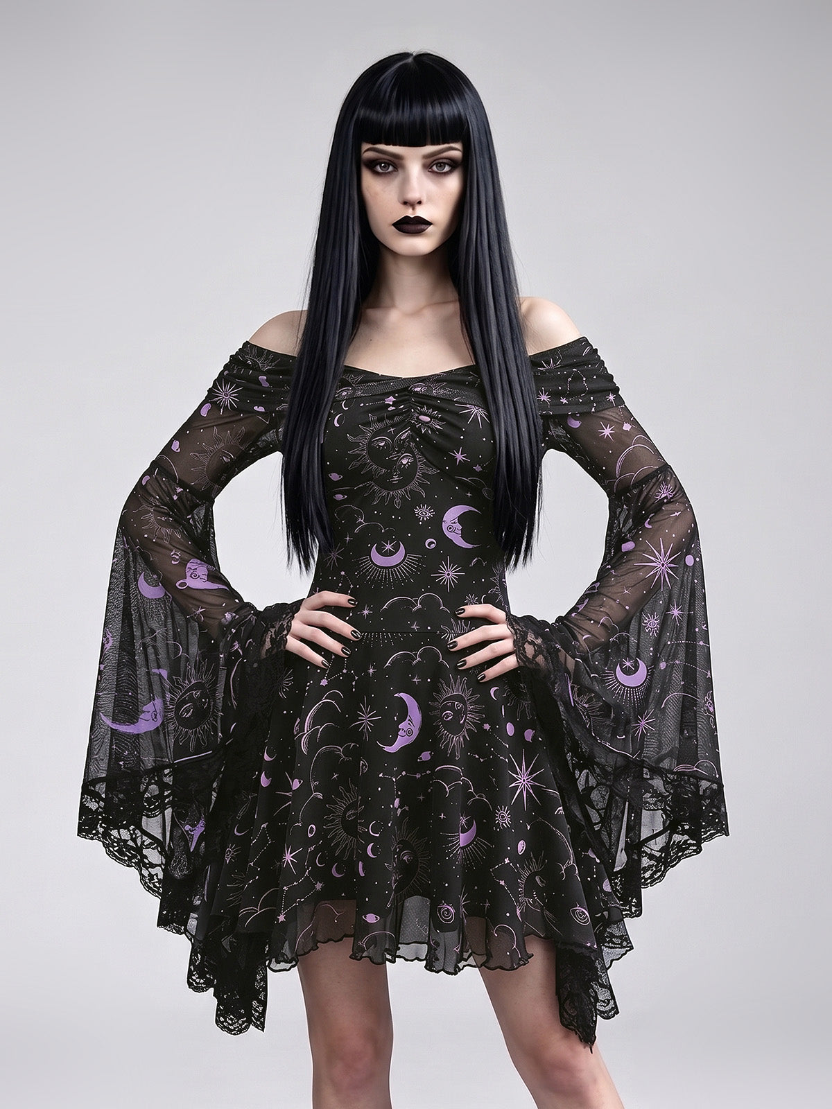 Gothic Retro Mysterious Star-and-Moon Print Flared-Sleeve A-Line Dress