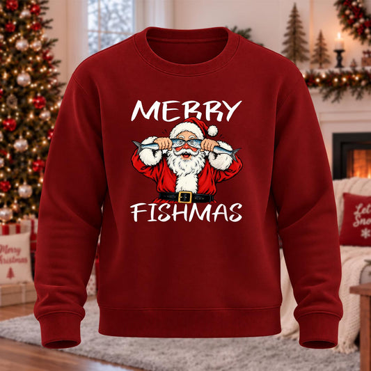 Merry Fishmas Santa Printed Round Neck Sweatshirt
