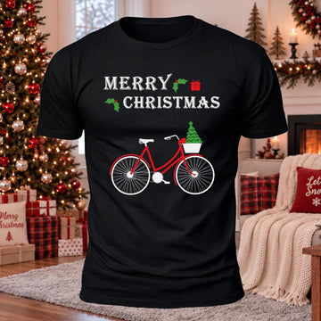 Merry Christmas Bicycle Printed Casual Short Sleeve T-Shirt