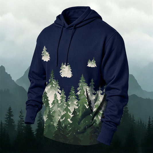 Cotton-Blend Green Shadow Forest Print Hoodie