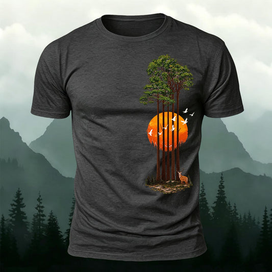 Forest Guitar Sunset Illusion Printed Short Sleeve T-Shirt