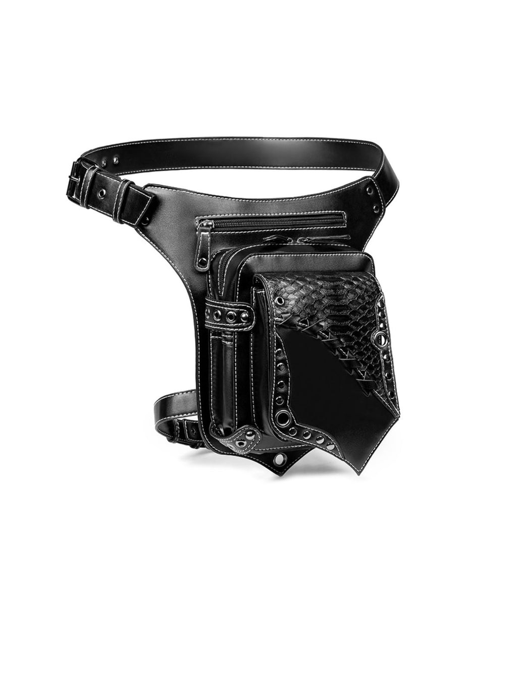 Snake-Print Patchwork Outdoor Motorcycle Studded Waist Bag