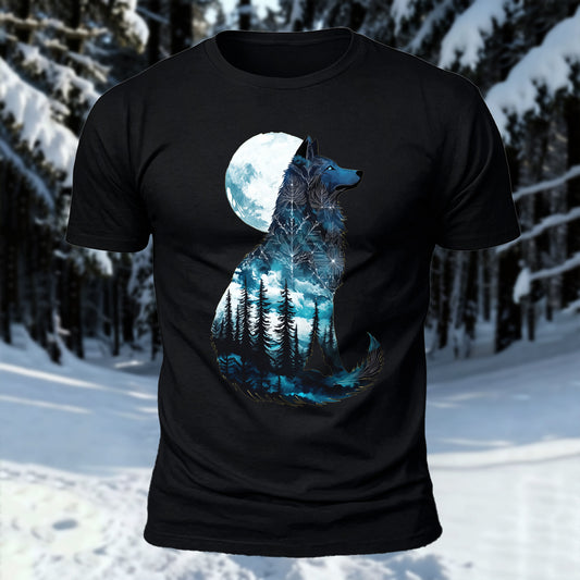 Moon Night Wolf Printed Short Sleeve T-Shirt