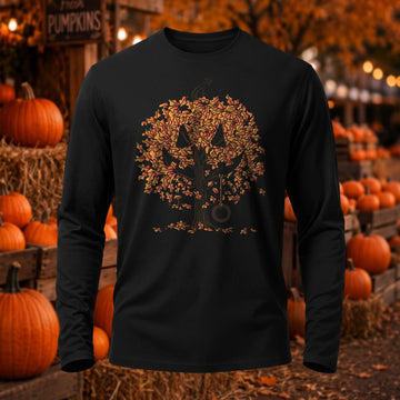Premium Cotton Autumn Leaves Pumpkin Tree Halloween Long Sleeve T-Shirt