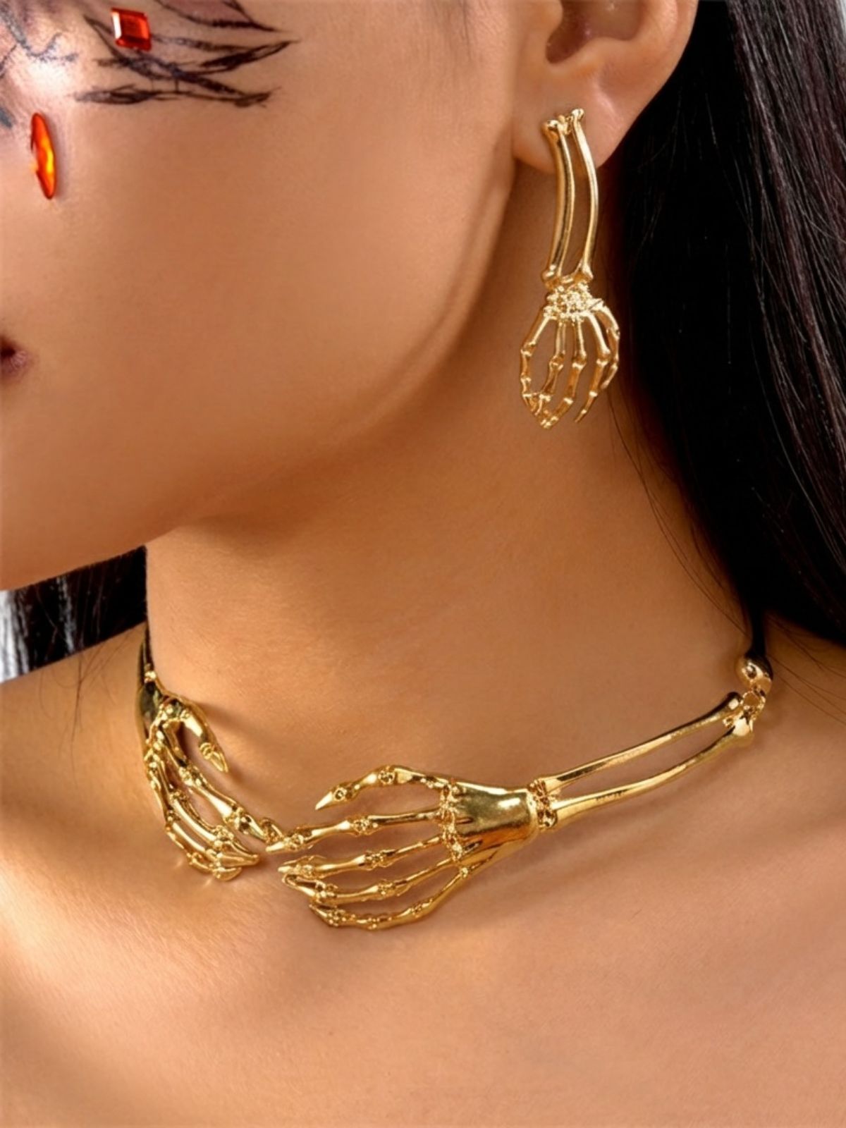 Dark Retro Bone Ghost Hand Necklace and Earring Set