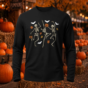 Premium Cotton Dancing Skeletons Autumn Leaves Halloween Long Sleeve T-Shirt