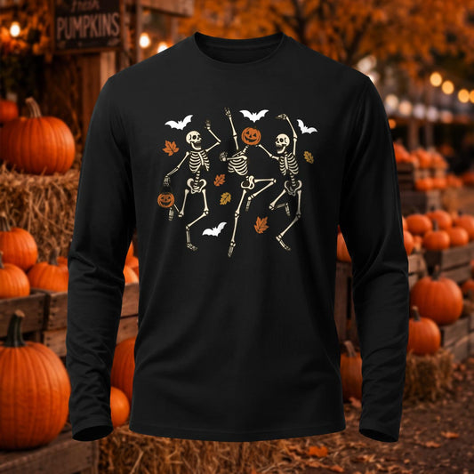 Premium Cotton Dancing Skeletons Autumn Leaves Halloween Long Sleeve T-Shirt