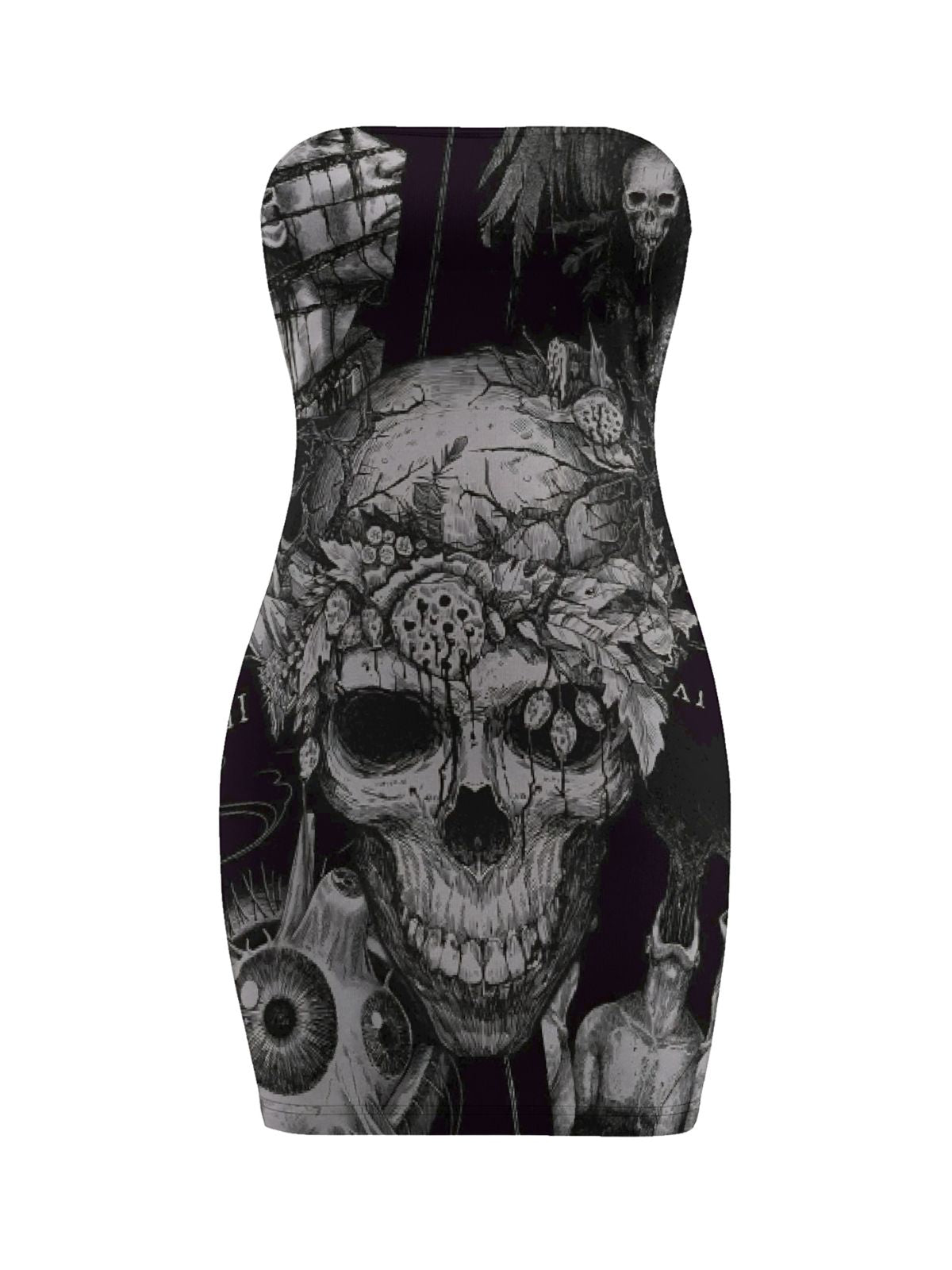 Retro Gothic Skull-Print Bodycon Skirt