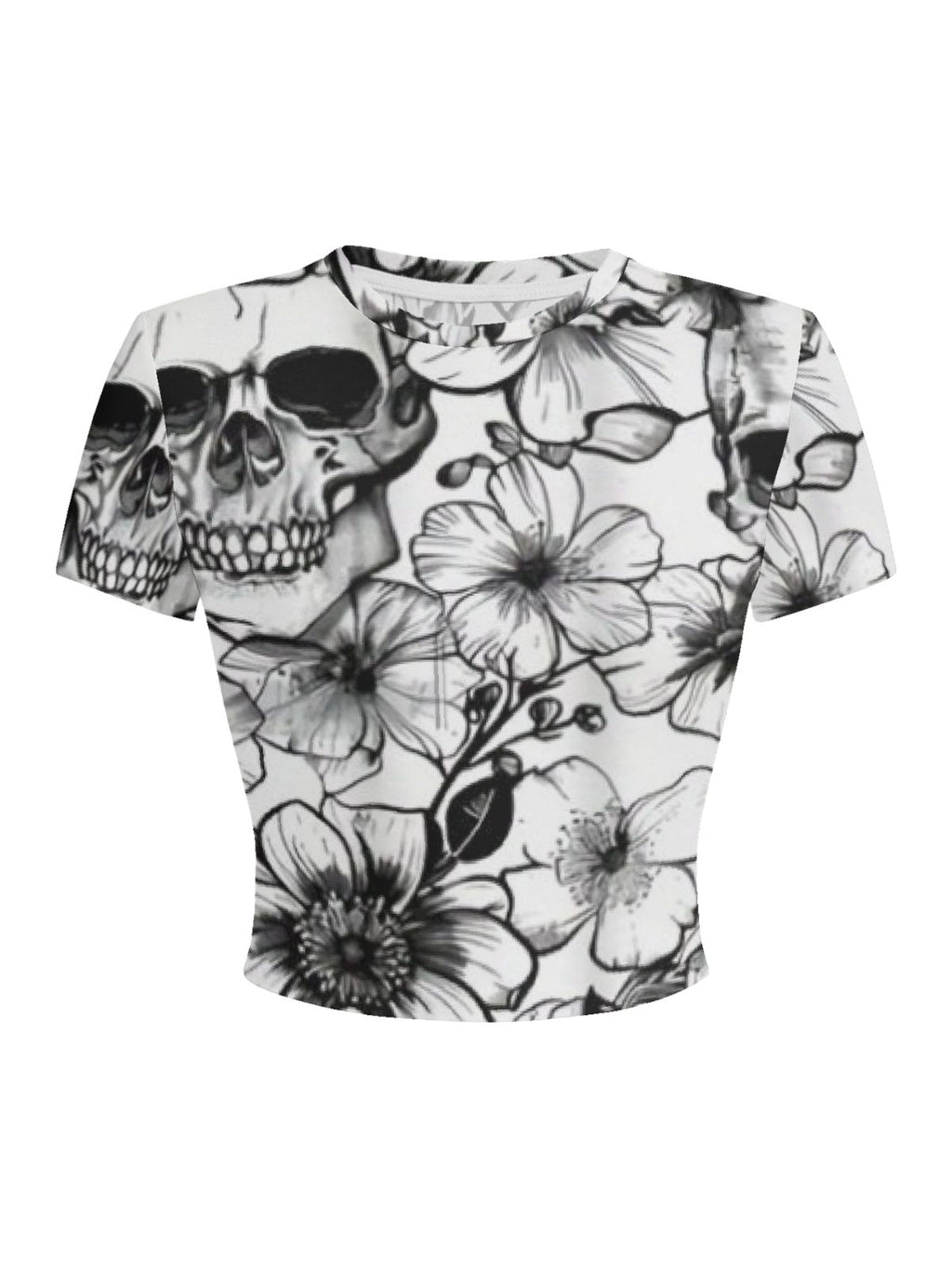Skeleton and Romantic Flowers Crew-Neck T-Shirt