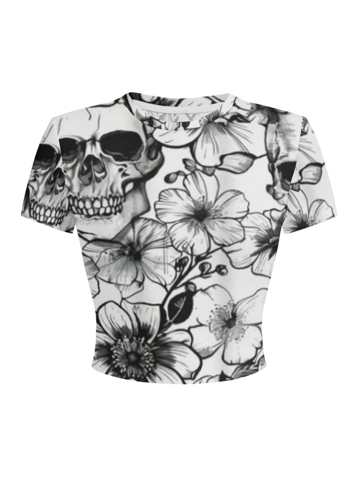 Skeleton and Romantic Flowers Crew-Neck T-Shirt