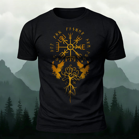 Combed Cotton Vintage Viking Motif Printed T-Shirt