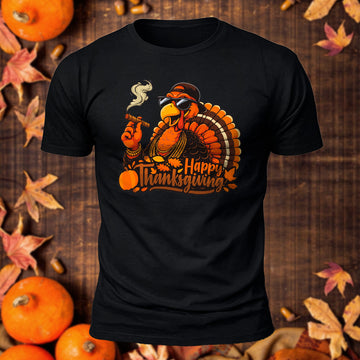 Happy Thanksgiving Smoking Turkey Printed Short Sleeve T-Shirt