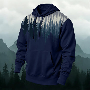 Cotton-Blend Deep Forest Print Casual Hoodie
