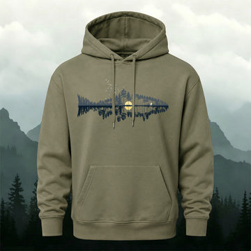 Cotton-Blend Wilderness Landscape Fish Silhouette Print Versatile Hoodie