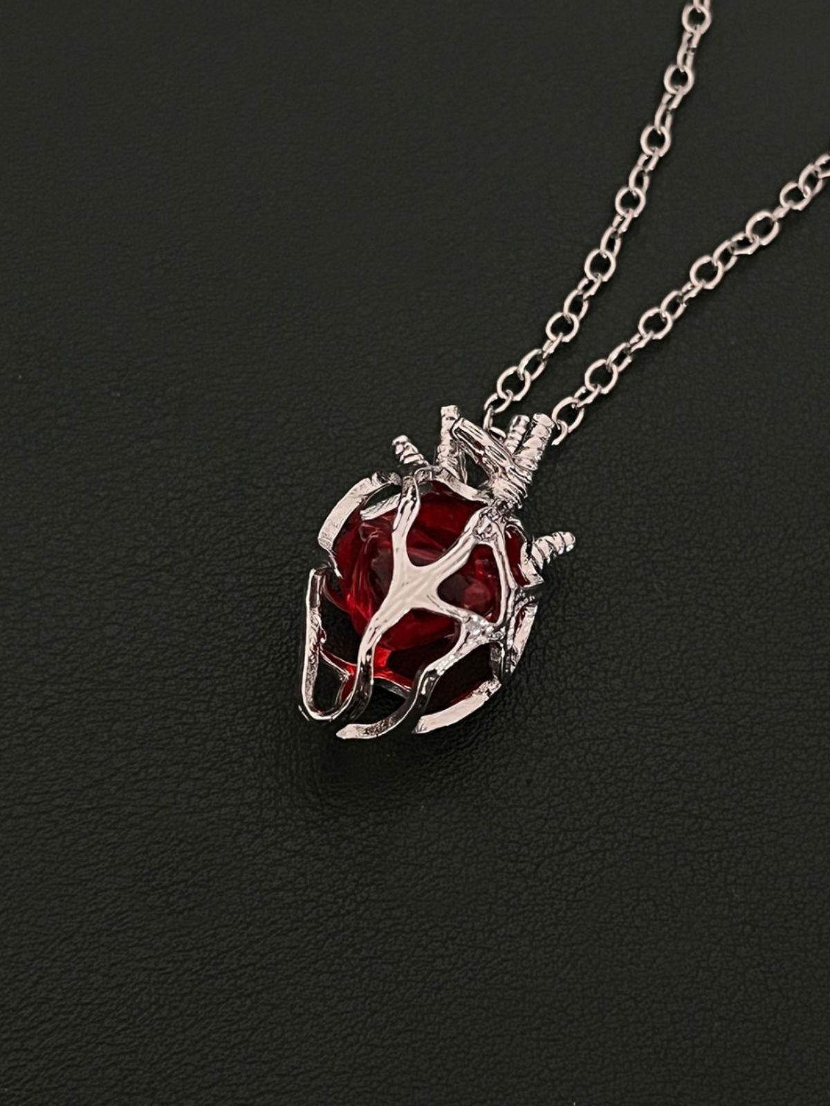 Gothic Dark Style Openwork Heart Red and Blue Glass Heart Pendant
