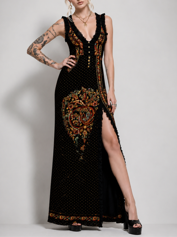 Dark Bohemian Gothic Printed Split-Front Dress