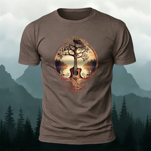 100% Cotton Ancient Forest Tree Guitar Print Casual Tee