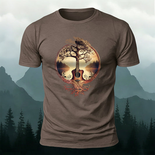 100% Cotton Ancient Forest Tree Guitar Print Casual Tee