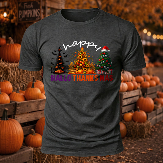 Hallothanksmas Tree Printed Short Sleeve T-Shirt