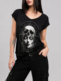 Gothic Skull Optical Illusion Print V-Neck T-Shirt