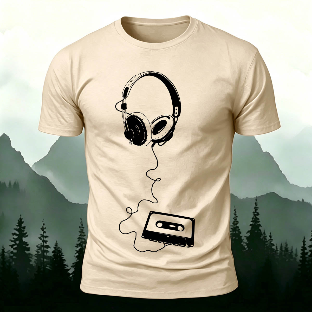 Vintage Headphones Music Print Cotton T-Shirt